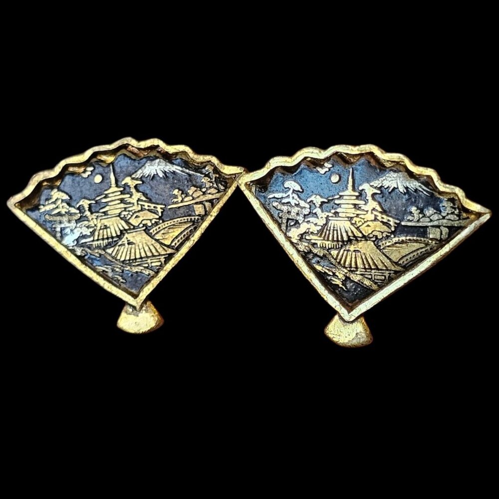 VTG Japanese Damascene Mt Fuji Fan Earrings‎ Screwback Black Enamel Silver Gold